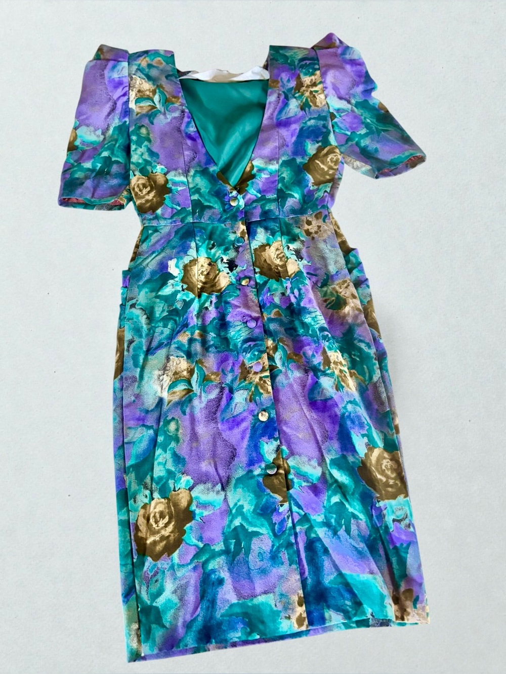 Vintage Floral Shoulder Pad Dress Purple Teal Party Dress M